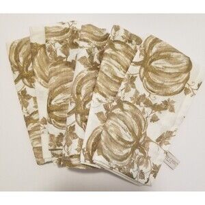 Shabby Chic Fabric Napkins Harvest Pumpkins Leaves Beige Brown Gold Set of 6